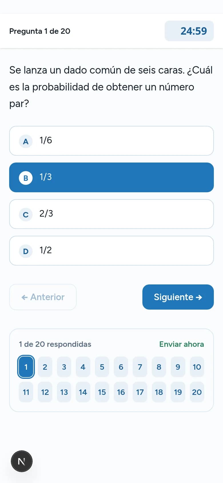 Pantalla de rendición de un mini-ensayo en Preu Pucón: pregunta de matemática con timer de 25 minutos y mapa de 20 preguntas